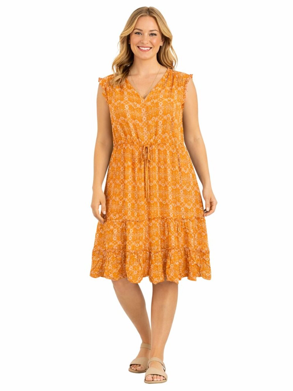 Ivy Yellow Floral Printed Tie Waist Sleeveless Midi Dress Large Spring Boho